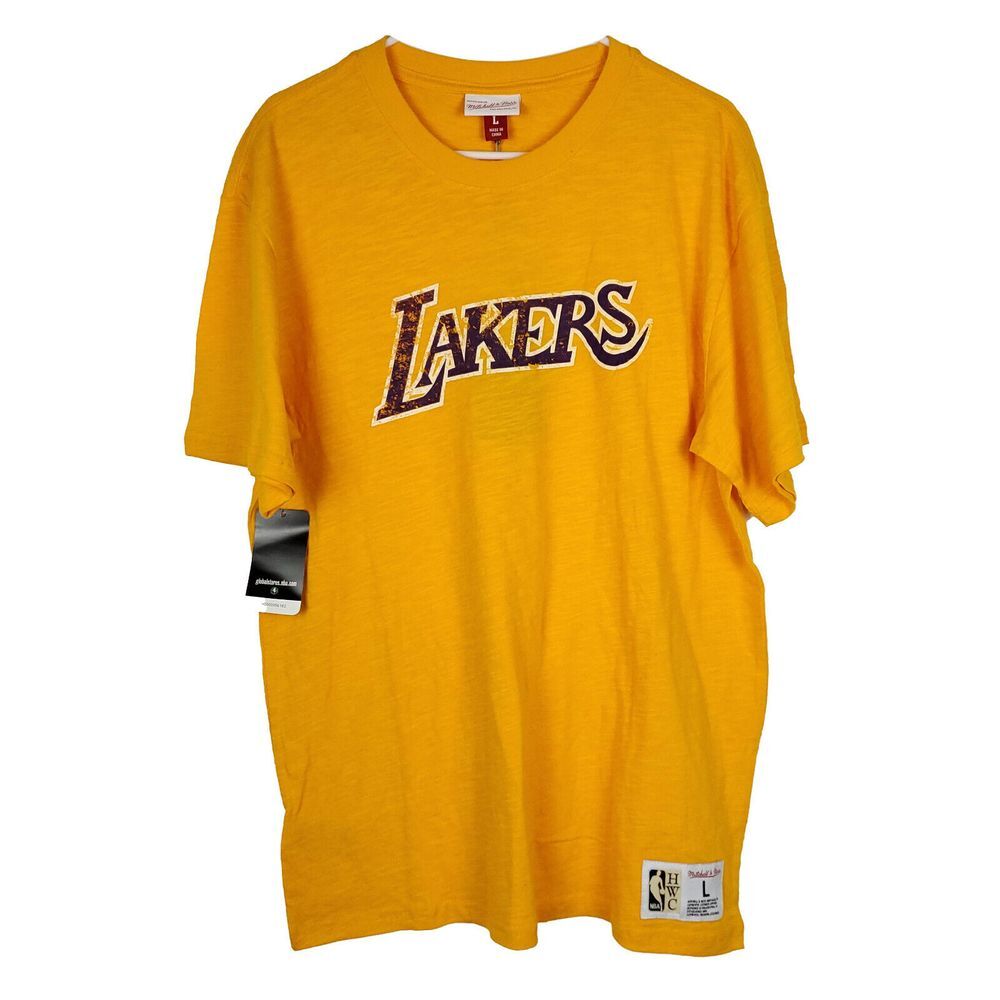 LA Lakers Mitchell & Ness NBA L Large Shirt‎ Yellow Distressed Logo NWT